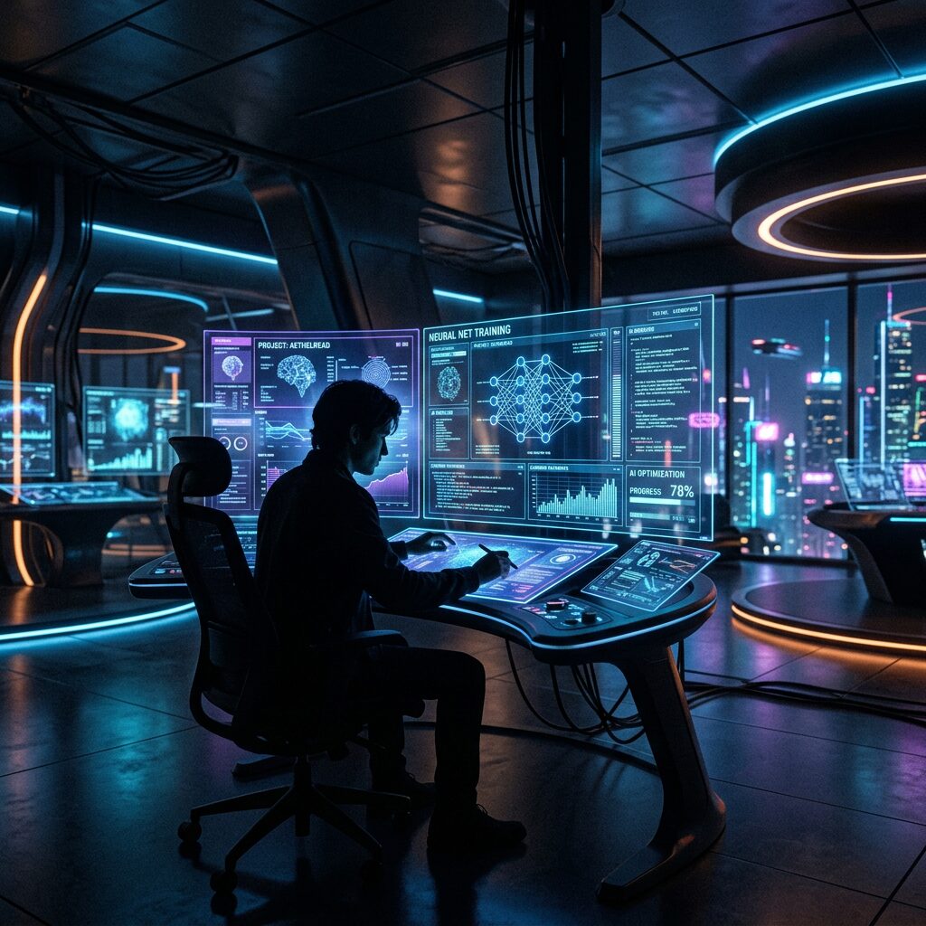 Person interacting with holographic AI and neural network data displays in advanced lab